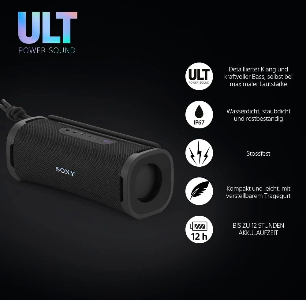 Kompiuterio kolonėlės Sony Ult Field 1 belaidis nešiojamas bluetooth garsiakalbis su Ult Power Sound, galingais žemaisiais dažniais, Ip67, atsparus vandeniui, dulkėms, smūgiams, 12 val. baterija, aiški kalbos kokybė, lauko, juodas