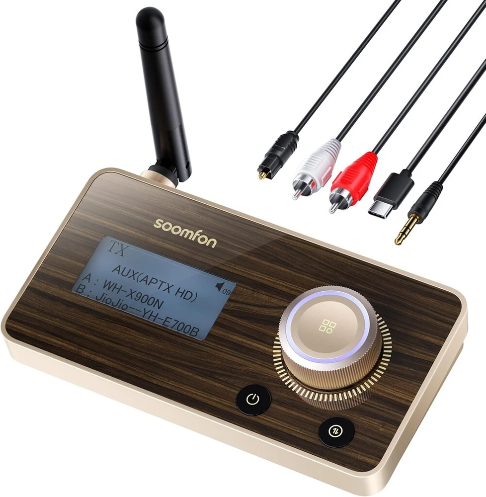 Automagnetola Soomfon Aptx Ll & Hd bluetooth 5.2 siųstuvas-imtuvas, 3-in-1 hifi bluetooth adapteris siųstuvas-imtuvas televizoriui, stereo sistemai ir ausinėms, garso valdymas, dvigubas ryšys, aux/optical/rca