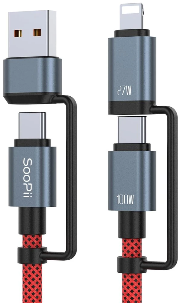 Soopii 100w 5a multi-usb-c įkrovimo kabelis su led lempute stovyklavimui, 4-in-1 c/a į c/ip greito įkrovimo kabelis, nailoninis pintas type-c kabelis telefonams, planšetiniams kompiuteriams, nešiojamiems kompiuteriams ir daugiau (raudonas, 2m)