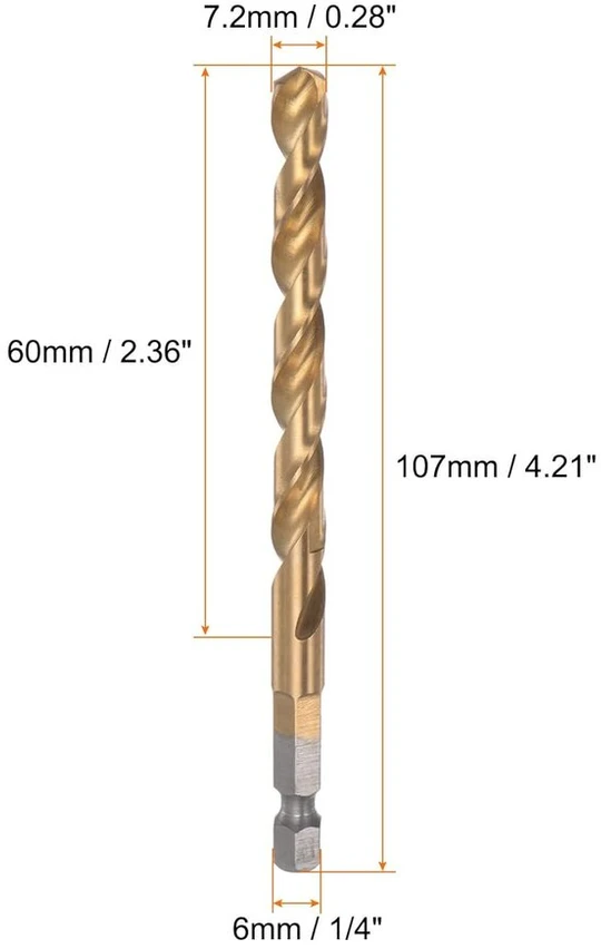 Sourcing map 1/4 colio šešiakampio koto grąžtas 7.2 mm titano grąžtų rinkinys m35 greitapjovis plieno sukamasis grąžtas 107 mm ilgio visiškai įžemintas skirtas medžiui nerūdijančiam plienui metalui plastikui