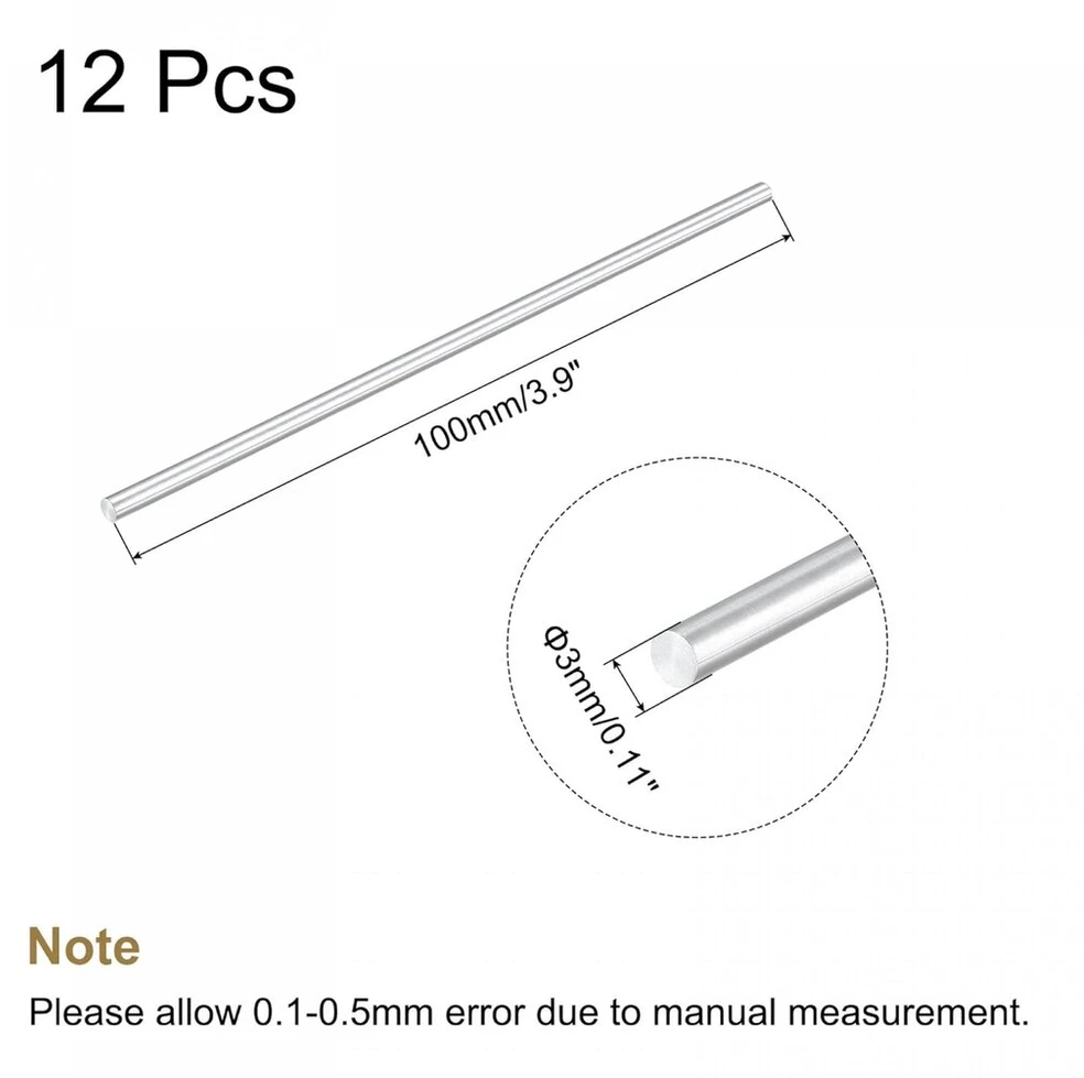 Sourcing map 12 vienetų aliuminio apvalus strypas 3mm skersmens 100mm ilgio, skirtas "pasidaryk pats"