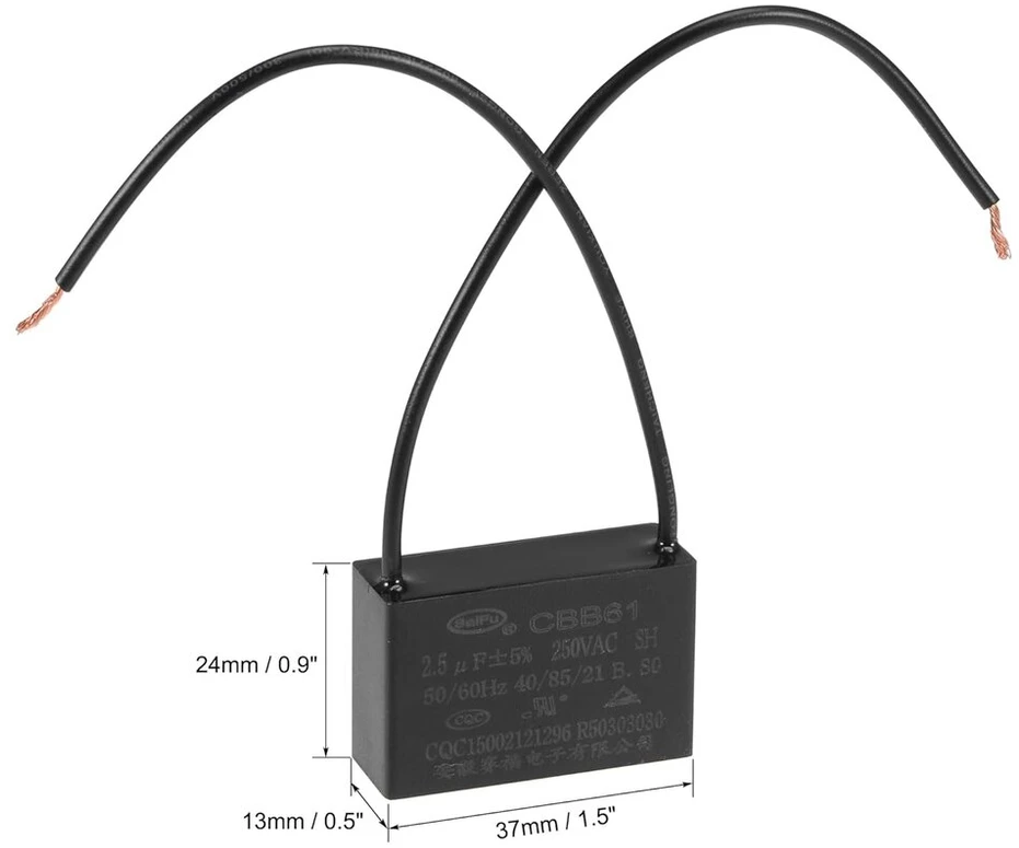 Sourcing map lubinio ventiliatoriaus kondensatorius Cbb61 2.5uf 250v ac 2 laidų metalizuoto polipropileno plėvelės kondensatorius 37 x 24 x 13 mm, skirtas elektrinio ventiliatoriaus siurblio variklio generatoriui, 2 vnt.