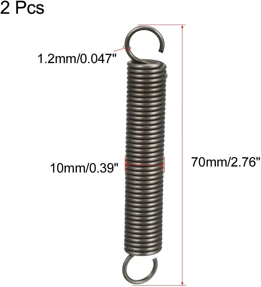 Sourcing map Pailginta tempimo spyruoklė, vielos skersmuo 1,2 mm, išorinis skersmuo 10 mm, laisvas ilgis 70 mm, spyruoklinis plienas, maža dvigubo kablio tempimo spyruoklė, 2 vnt.