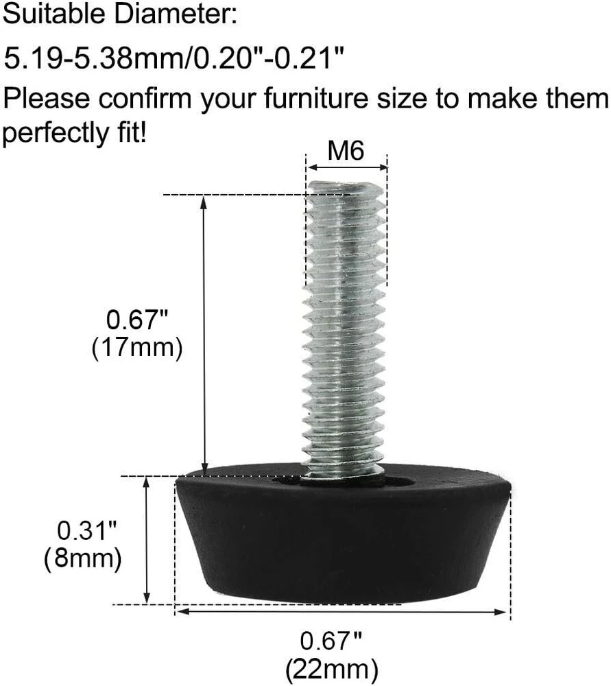 Sourcing map reguliuojamos kojelės baldų slydimo padai m6 x 20 x 25 mm grindų apsauga baldų kėdžių kojoms, 10 vnt.