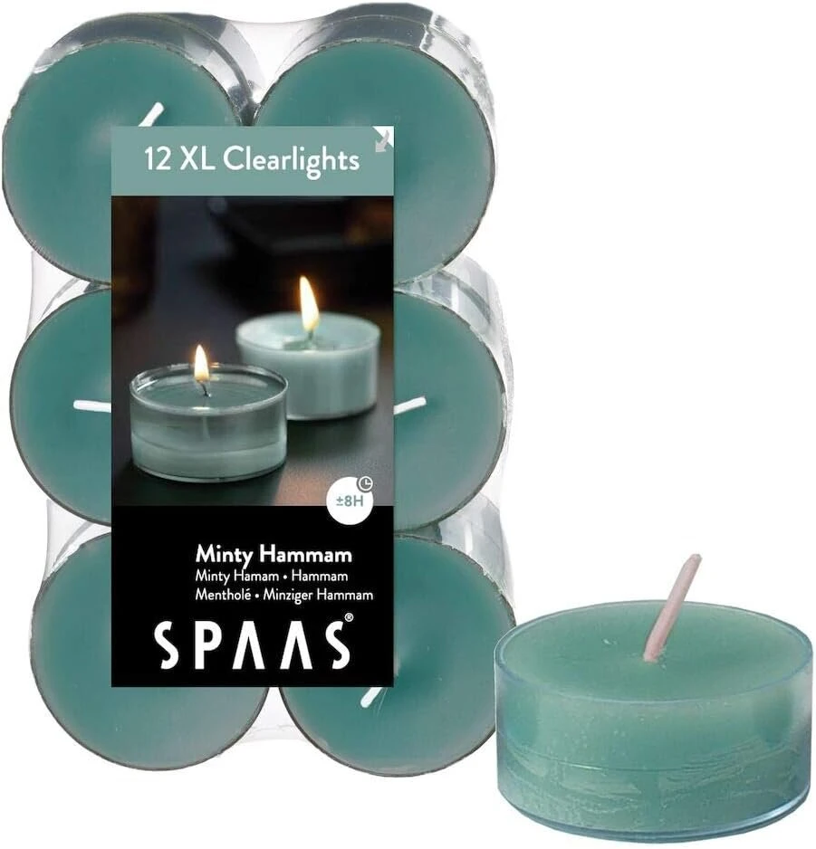 Spaas 12 maxi kvapnios skaidrios žvakutės, arbatinės žvakutės su skaidriu laikikliu, ± 8 val. - Minty Hammam, smaragdo žalumo