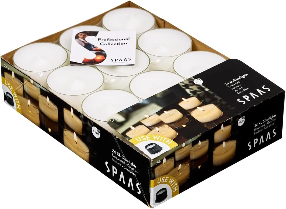 Spaas Maxi bekvapės arbatinės žvakutės skaidriame puodelyje, 24 clearlights, arbatinės žvakutės su skaidriu laikikliu, ± 10 valandų, bekvapės baltos, parafino vaškas, d 57 mm x h 28 mm