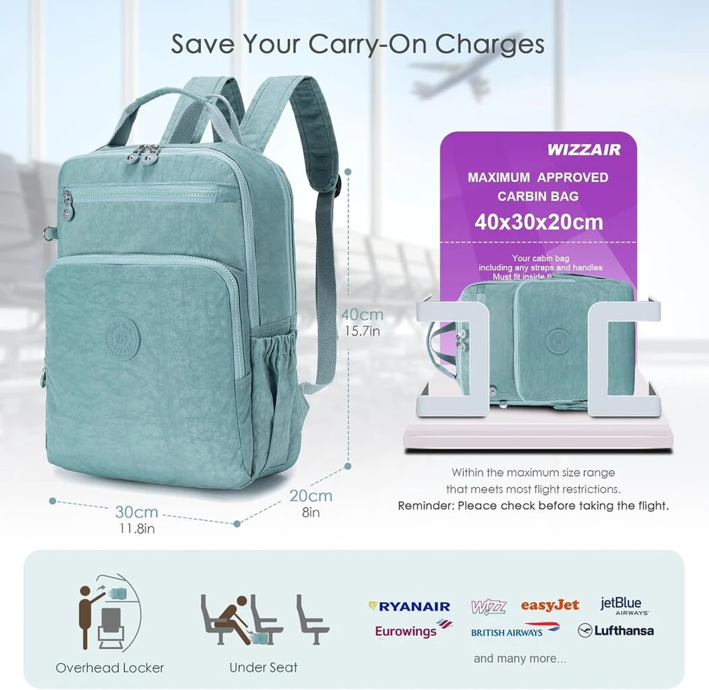 Spaher Wizzair Vueling kelioninis kuprinė rankiniam bagažui 40 x 30 x 20 cm nešiojamojo kompiuterio kuprinė 14 colių mažas rankinis bagažas kelioninis lėktuvo krepšys po sėdyne rankinis bagažas kuprinė, ryškiai žalia, moderni