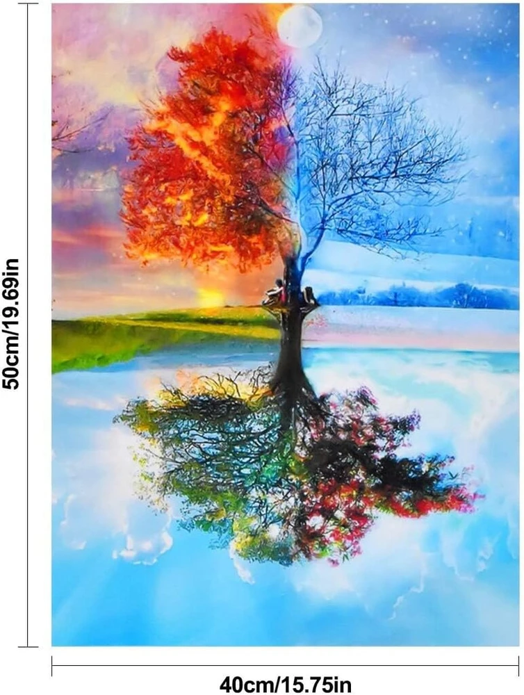 Spalvingas medis, tapyba pagal skaičius suaugusiems, keturių sezonų medžio tapyba pagal skaičius, tapyba pagal skaičius su teptuku ir spalvomis - 40 x 50 cm (be rėmo)