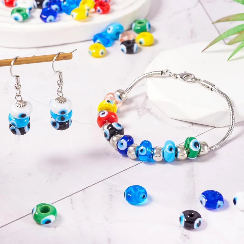 Sparkeads stiklo karoliukai plokšti apvalūs Evil Eye rankų darbo 9 spalvų Rondelle su akies kristalų biriais tarpikliais, skirtiems pasidaryk pats apyrankių auskarų papuošalų gamybai, 54 vnt.