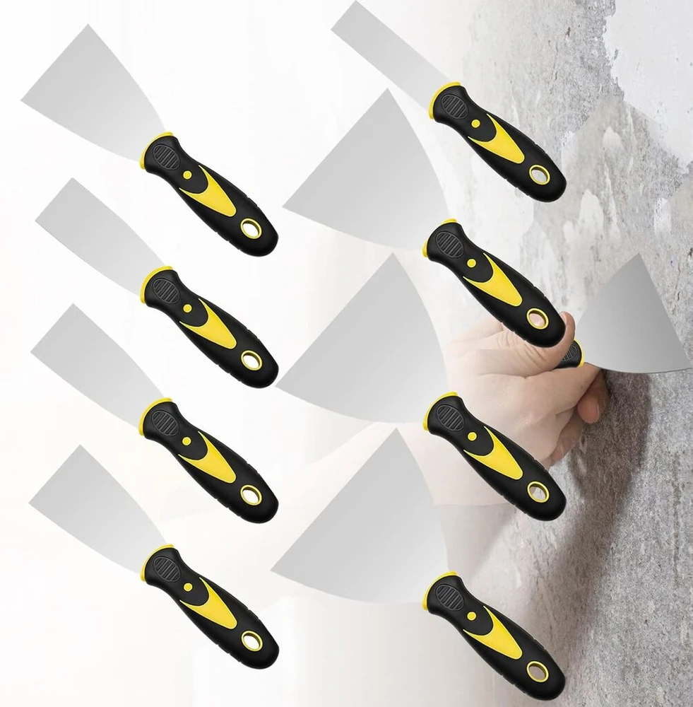 Spatulių rinkinys: 8 dalių nerūdijančio plieno glaistyklės, nerūdijantis glaistiklis, dažytojo įrankių mentelė, nerūdijančio plieno dažytojo mentelė su plastikine rankena tapetams/gipso kartonui/gipsui
