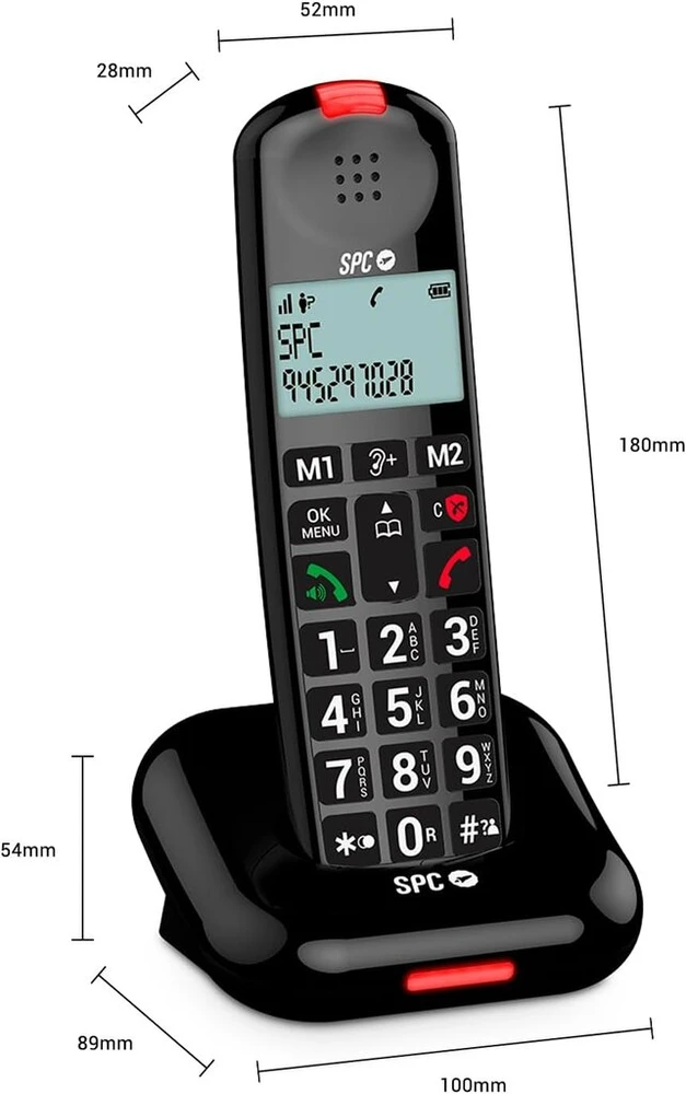 Spc Comfort Kairo - belaidis telefonas senjorams su dideliais mygtukais, sustiprintu garsu, suderinamas su klausos aparatais, skambučių blokavimas, šviesos signalas ir 2 tiesioginės atmintys - juodas