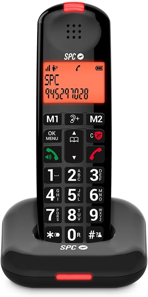 Spc Comfort Kairo - belaidis telefonas senjorams su dideliais mygtukais, sustiprintu garsu, suderinamas su klausos aparatais, skambučių blokavimas, šviesos signalas ir 2 tiesioginės atmintys - juodas