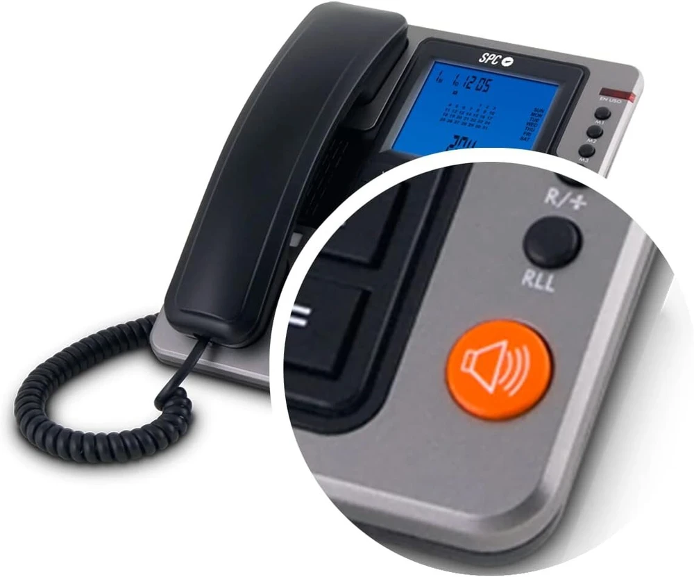 Spc Office Pro stacionarus telefonas su dideliu apšviestu ekranu, maitinamas baterijomis, 7 atminties lizdai, skambintojo Id ir laisvų rankų įranga - juodas, 124641