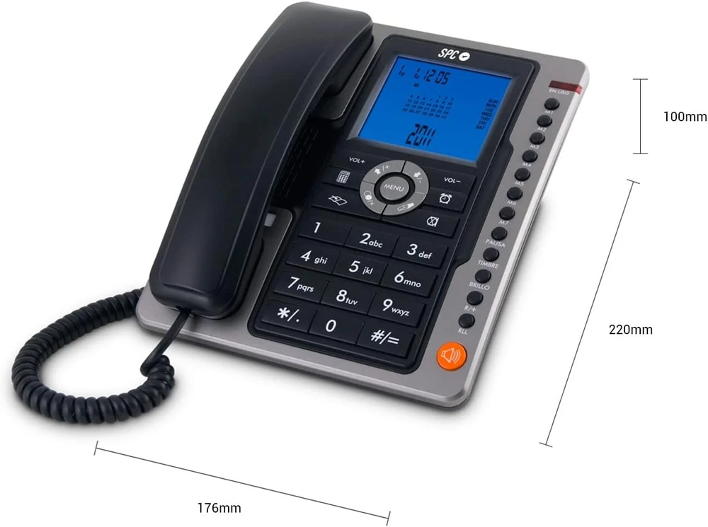 Spc Office Pro stacionarus telefonas su dideliu apšviestu ekranu, maitinamas baterijomis, 7 atminties lizdai, skambintojo Id ir laisvų rankų įranga - juodas, 124641
