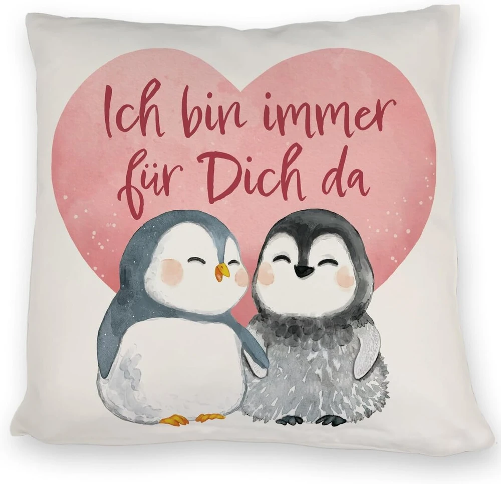 Speecheese Pagalvėlė su pingvinų pora ir užrašu Ich Bin Immer für Dich da, skirta partneriui, mamai, meilei, vienybei, valentino dienai, draugystei