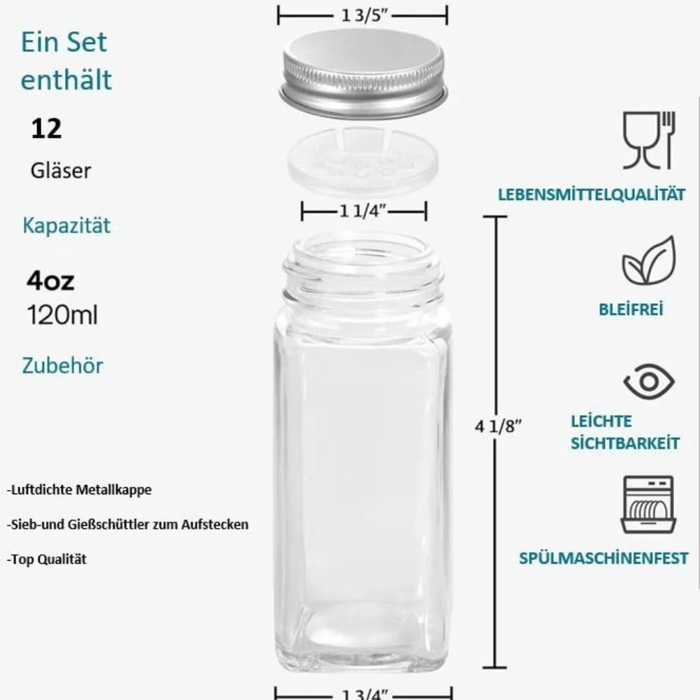 Spicic® Kvadratiniai prieskonių indeliai pagaminti iš aukštos kokybės stiklo - (12 vnt. rinkinys) - su purtyklės įdėklu ir prieskonių etiketėmis - vieta visų rūšių prieskoniams - tvarka virtuvei