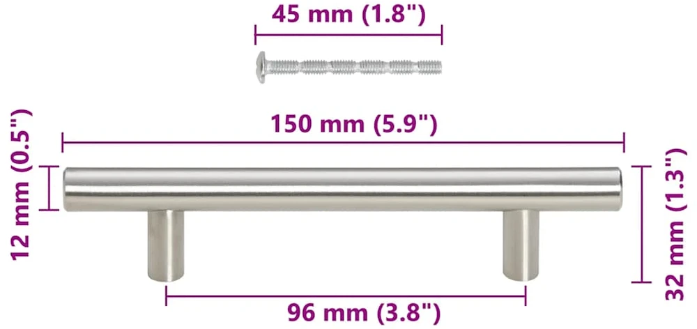 Spintelės rankenėlės, 10vnt., sidabrinės, atstumas tarp skylių 96 mm bendras ilgis 150 mm, nerūdijantis plienas