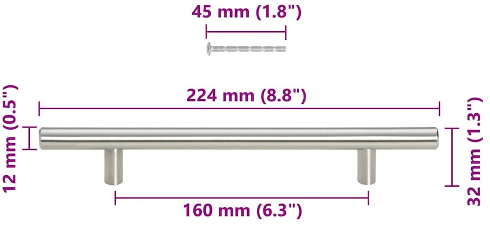 Spintelės rankenėlės, 10vnt., sidabrinės, atstumas tarp skylių 160 mm bendras ilgis 224 mm, nerūdijantis plienas