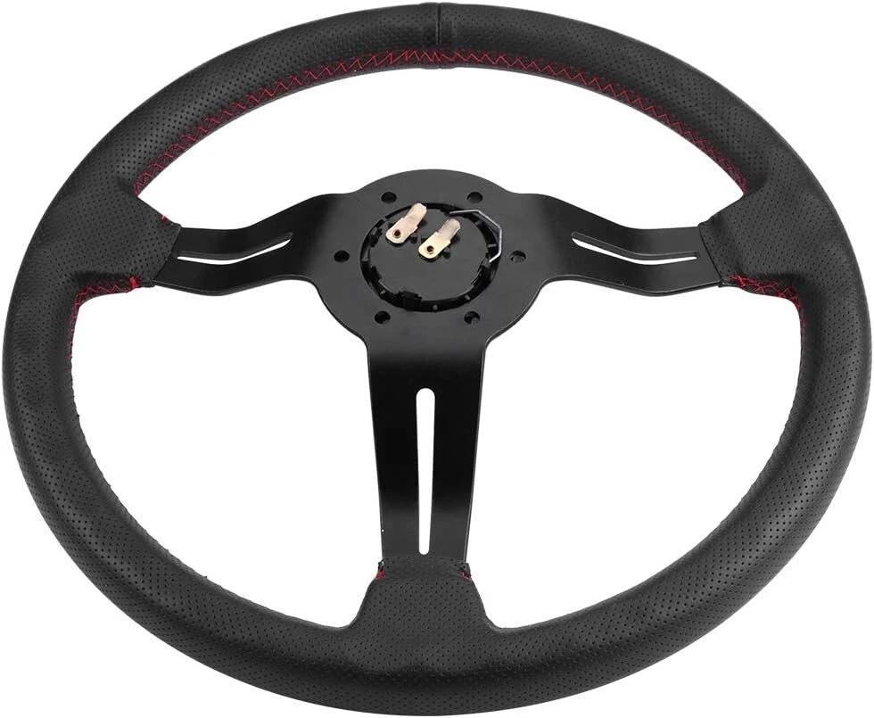 Sportinis vairas, driftinis vairas, valance drift, automobiliniai vairai, 350 mm/14 colių universalus aliuminio rėmas, juoda perforuota oda, automobilinis vairas su signalu (raudonas)