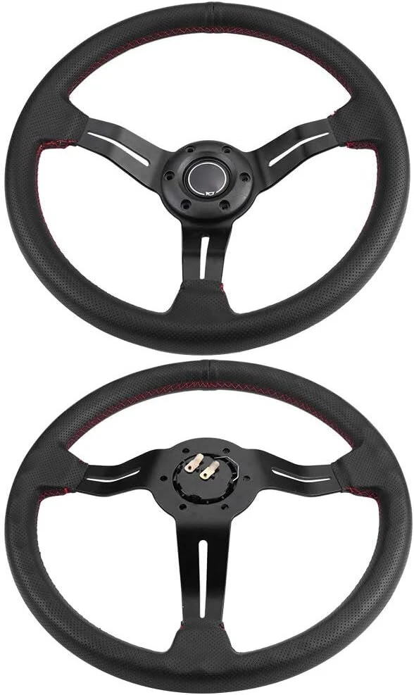 Sportinis vairas, driftinis vairas, valance drift, automobiliniai vairai, 350 mm/14 colių universalus aliuminio rėmas, juoda perforuota oda, automobilinis vairas su signalu (raudonas)