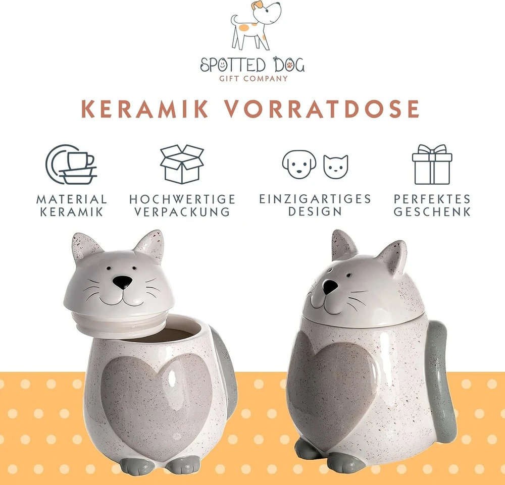 Spotted Dog Gift Company - keraminis katės formos indas maisto produktams - su dangteliu ir širdelės motyvu - hermetiškas virtuvės indas - dovana kačių mylėtojams - baltas