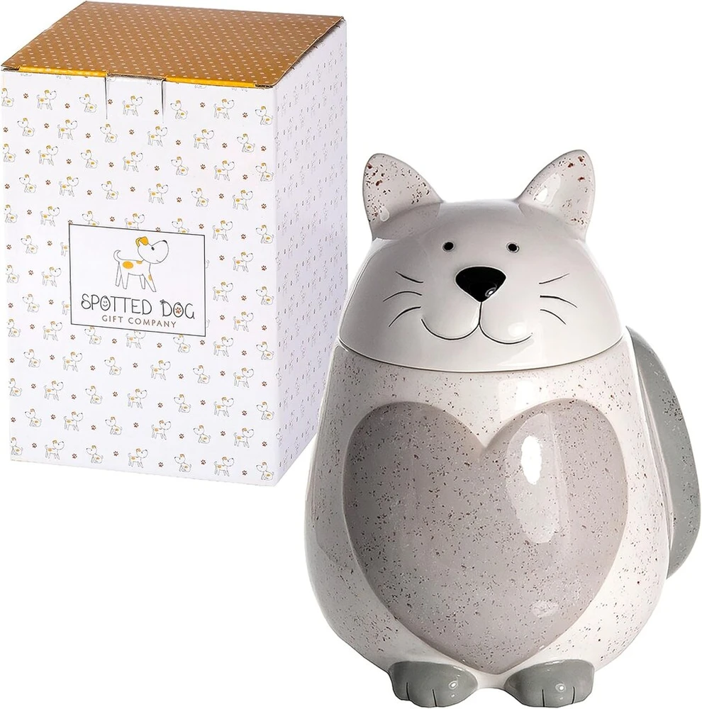 Spotted Dog Gift Company - keraminis katės formos indas maisto produktams - su dangteliu ir širdelės motyvu - hermetiškas virtuvės indas - dovana kačių mylėtojams - baltas