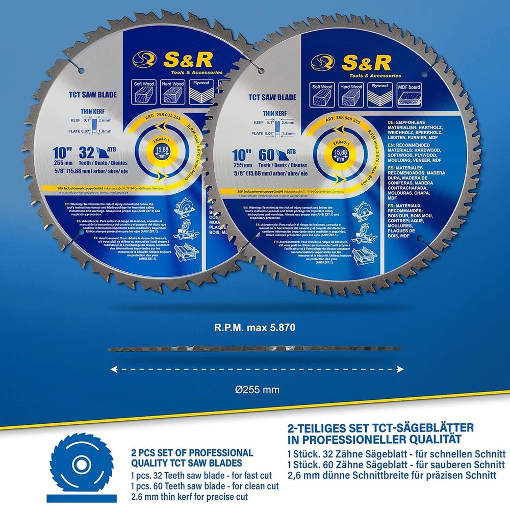 S&r Diskinio pjūklo diskų rinkinys medienai, 2 vnt., 255mm