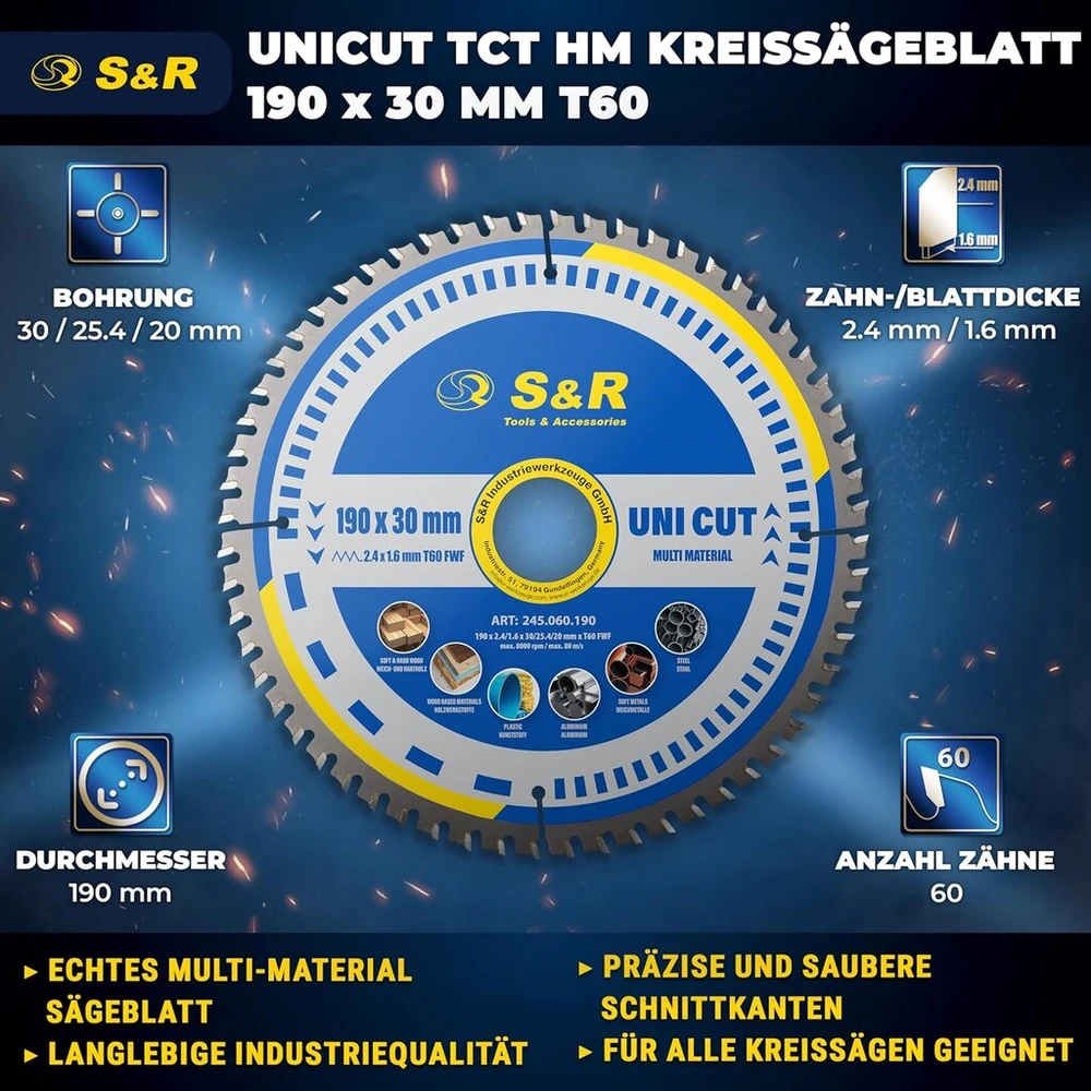 S&r Diskinis pjūklo diskas 190 x 30 mm Fwf dizainas, 60 karbido Hw dantų, universalus daugiafunkcinis pjūklo diskas medienai, 4 mm mažo anglies plieno, spalvotiesiems metalams, plastikui, aliuminiui, universalus pjūklo diskas