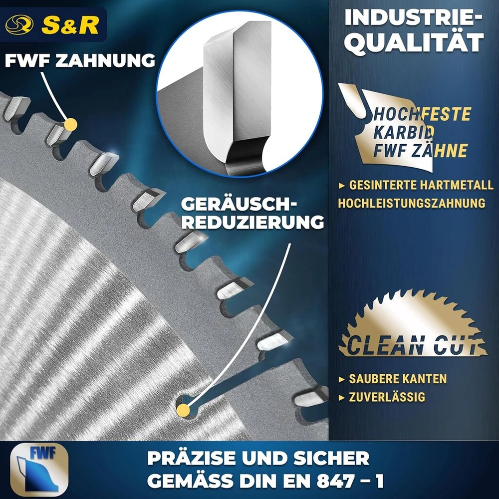 S&r Diskinis pjūklo diskas 190 x 30 mm Fwf dizainas, 60 karbido Hw dantų, universalus daugiafunkcinis pjūklo diskas medienai, 4 mm mažo anglies plieno, spalvotiesiems metalams, plastikui, aliuminiui, universalus pjūklo diskas