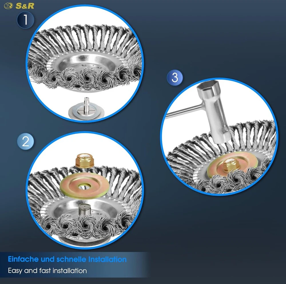 S&r plieno šepetys, žolių šepetys 200 mm x 25,4 mm, 5 dalių rinkinys su priedais, pintas plieno vielinis šepetys, kūginis šepetys žoliapjovei, krūmapjovė, krūmapjovė nuo piktžolių, samanų, stiprių nešvarumų