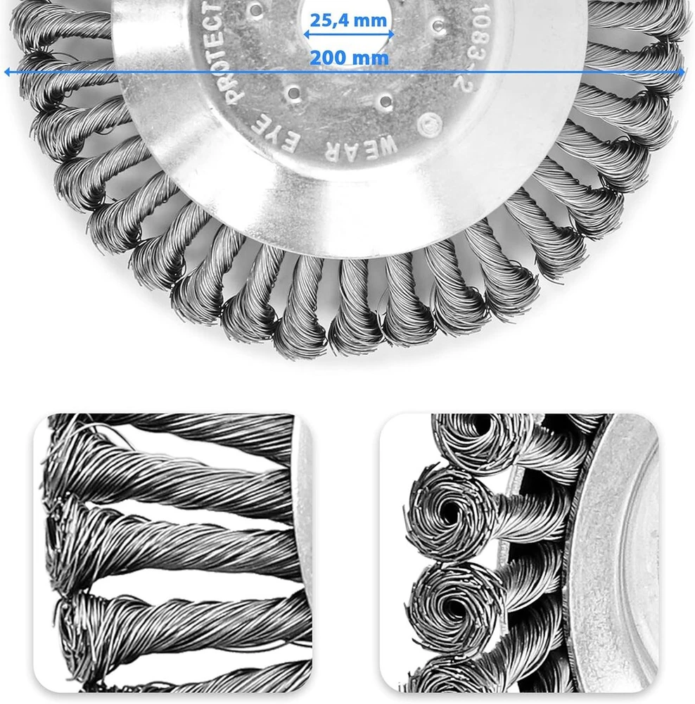 S&r plieno šepetys, žolių šepetys 200 mm x 25,4 mm, 5 dalių rinkinys su priedais, pintas plieno vielinis šepetys, kūginis šepetys žoliapjovei, krūmapjovė, krūmapjovė nuo piktžolių, samanų, stiprių nešvarumų