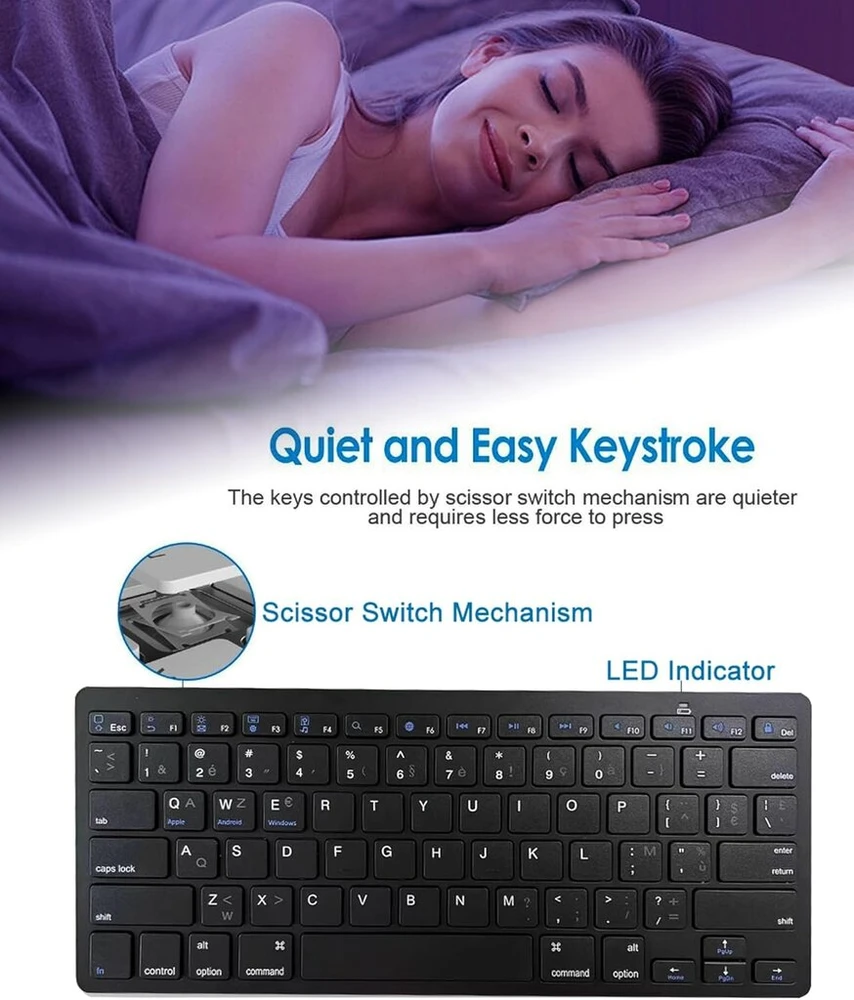 Srayg belaidė bluetooth mini klaviatūra Azerty prancūzų kalba, lengva, tyli, kompaktiška, itin plona, nešiojama, skirta Mac, Ipad, planšetiniam kompiuteriui, telefonui, Ios, Android, Chrome, Windows, juoda