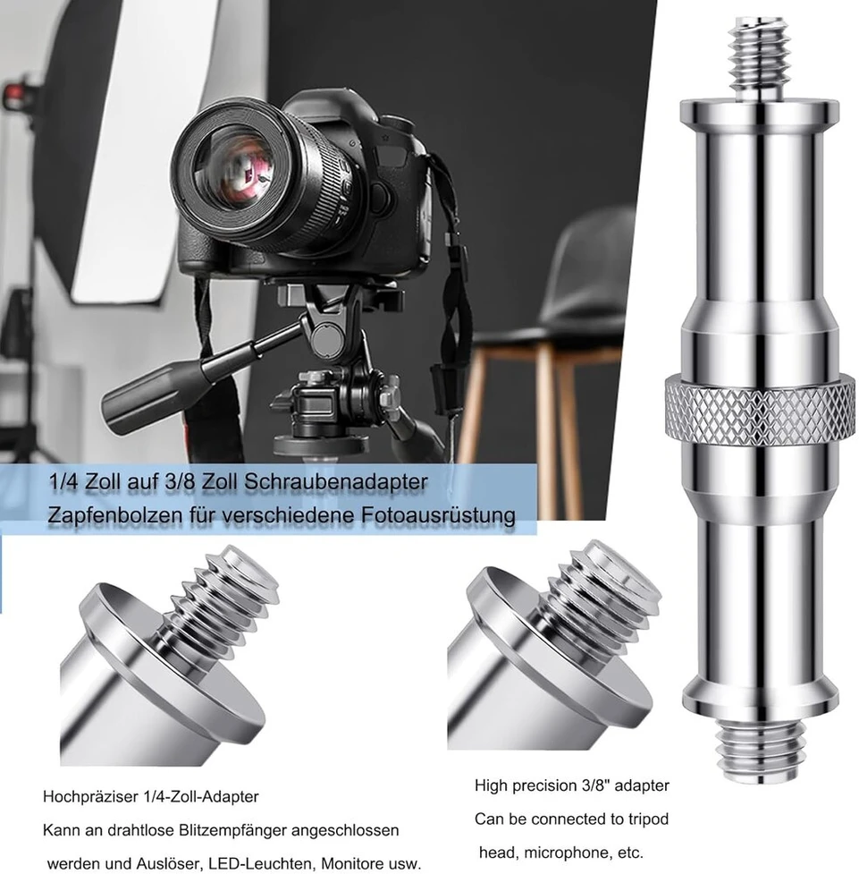 Sriegių stovų įtempimo varžtai, 4 vnt. sriegių adapterių rinkinys, adapterio kaiščio kištukas, blykstės trikojo varžtas, įtempimo varžtas, šviesos stovo priedai, kameros trikojo laikiklis, varžto šviesos varžto adapteris