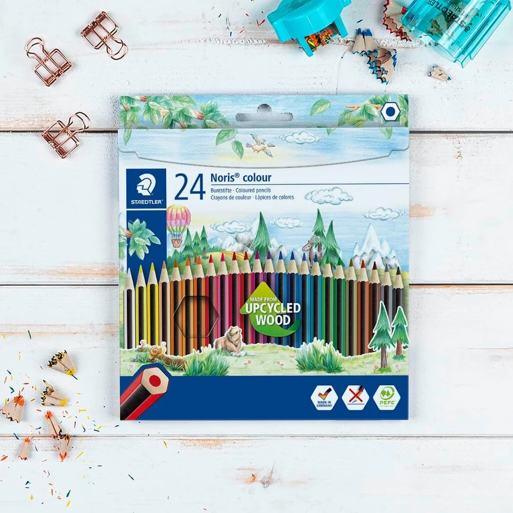 Staedtler Noris Colour spalvoti pieštukai, neslystantis minkštas paviršius, didelis atsparumas lūžiams, pagaminti iš perdirbtos medienos, intensyvios spalvos, šešiakampė forma, 24 spalvoti pieštukai kartoninėje dėžutėje, 185 C24