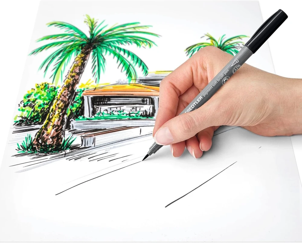 Staedtler Pigment Arts 371 pigmentiniai teptukiniai rašikliai, pluošto galiuko rašiklis suaugusiems, vidutinio tvirtumo nailono teptuko galiukas (šiltai pilka, 4 vnt.)