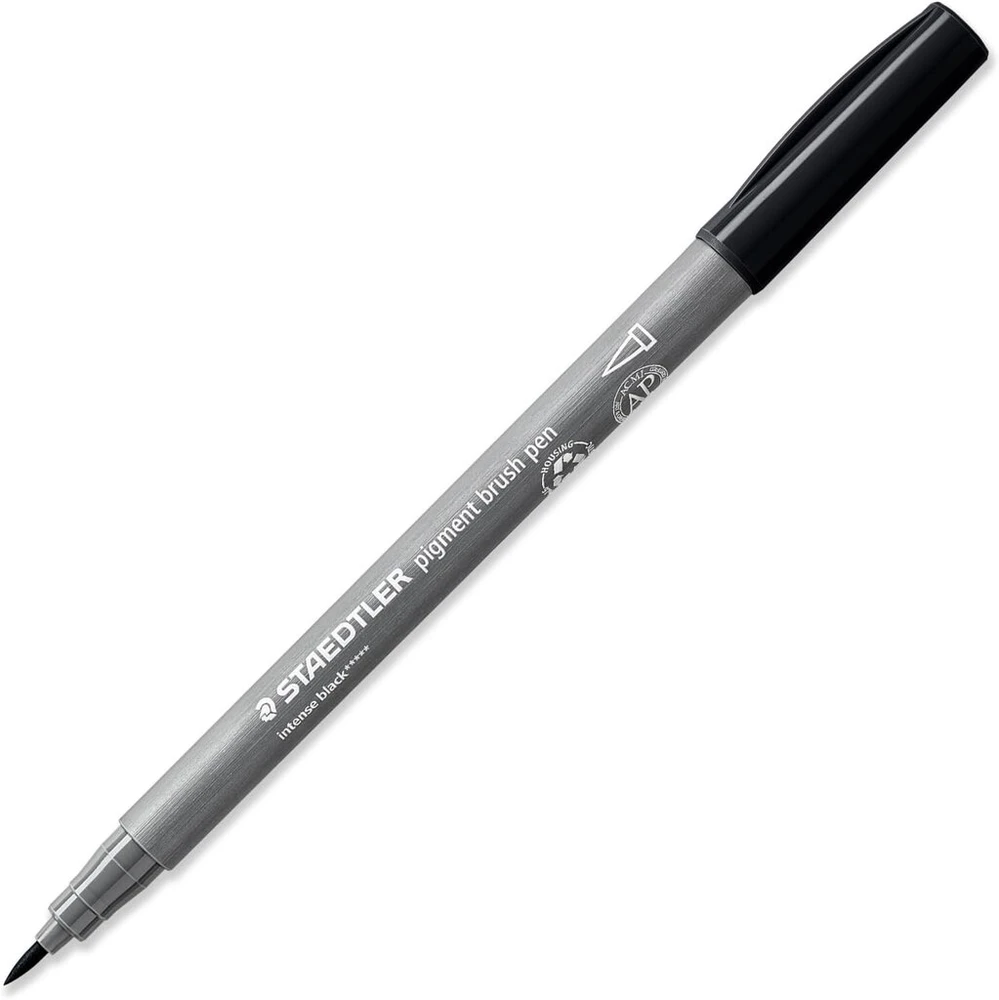 Staedtler Pigment Arts 371 pigmentiniai teptukiniai rašikliai, pluošto galiuko rašiklis suaugusiems, vidutinio tvirtumo nailono teptuko galiukas (šiltai pilka, 4 vnt.)