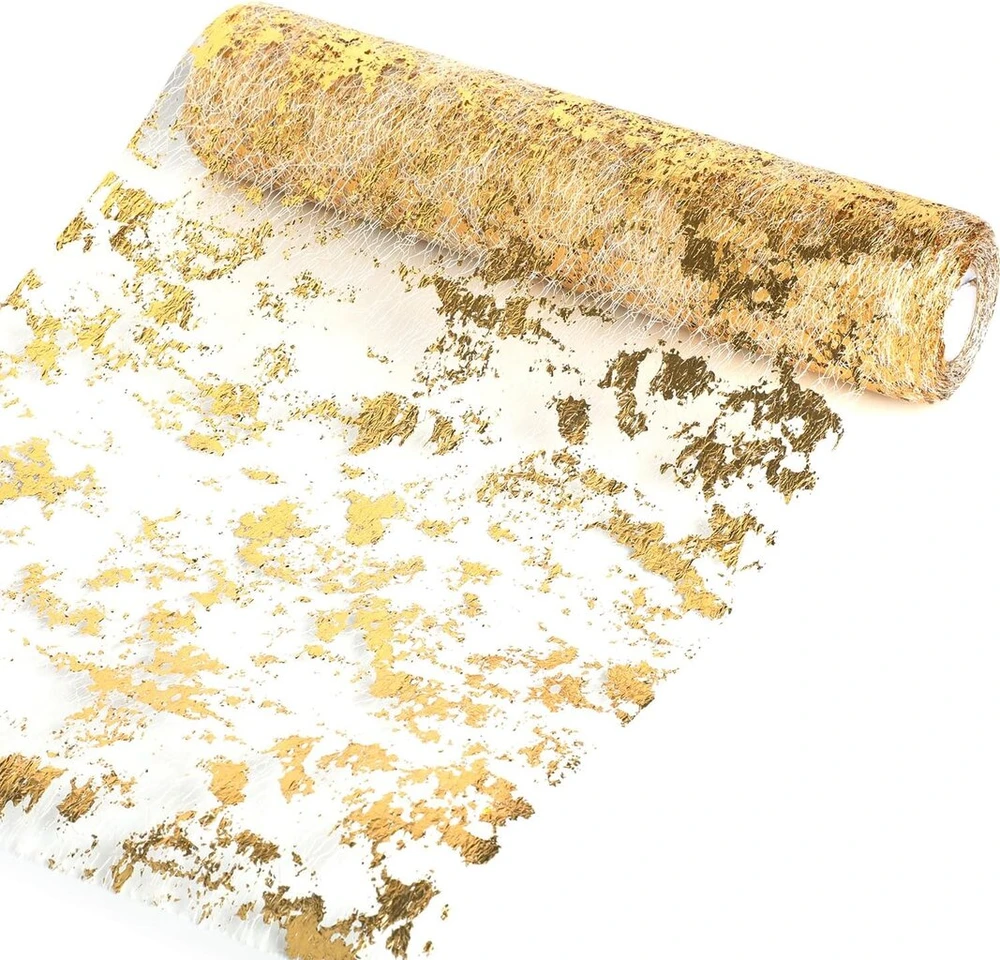 Stalo takelis su blizgučiais, aukso folija, metalizuotas, plonas tinklelis, 10 m x 28 cm, auksinis stalo takelis, auksinė folijos medžiaga vakarėliams – idealus pasirinkimas