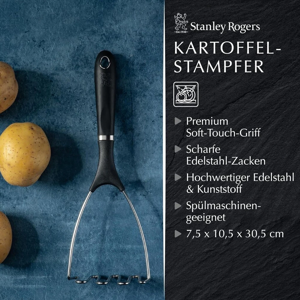 Stanley Rogers Pride bulvių grūstuvas – elegantiškas ir efektyvus – sutrina bulves ir dar daugiau su ergonomiška minkšta rankena – aukštos kokybės nerūdijantis plienas ir plastikas