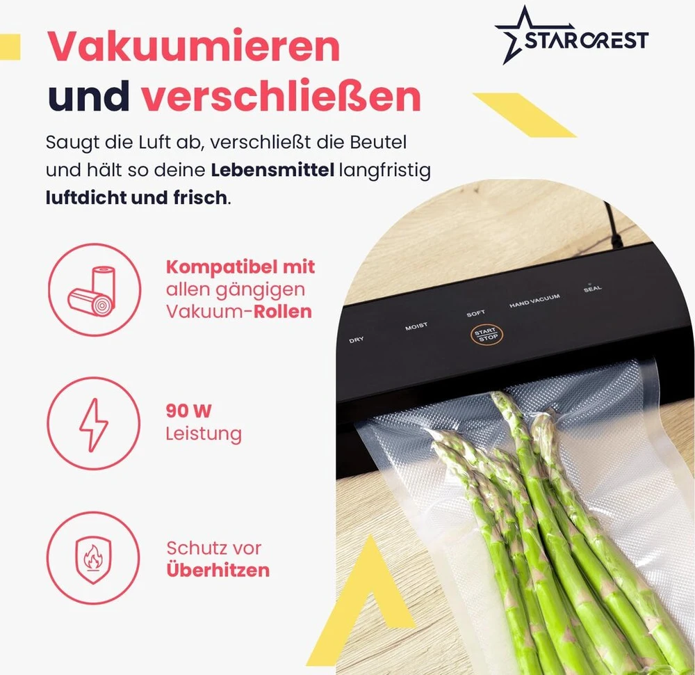 Starcrest maisto vakuuminis sandariklis, vakuuminis sandariklis maisto pakavimui, vakuuminis aparatas kaip suvirinimo įrenginys maistui, su 10 vakuuminių maišelių, juodas