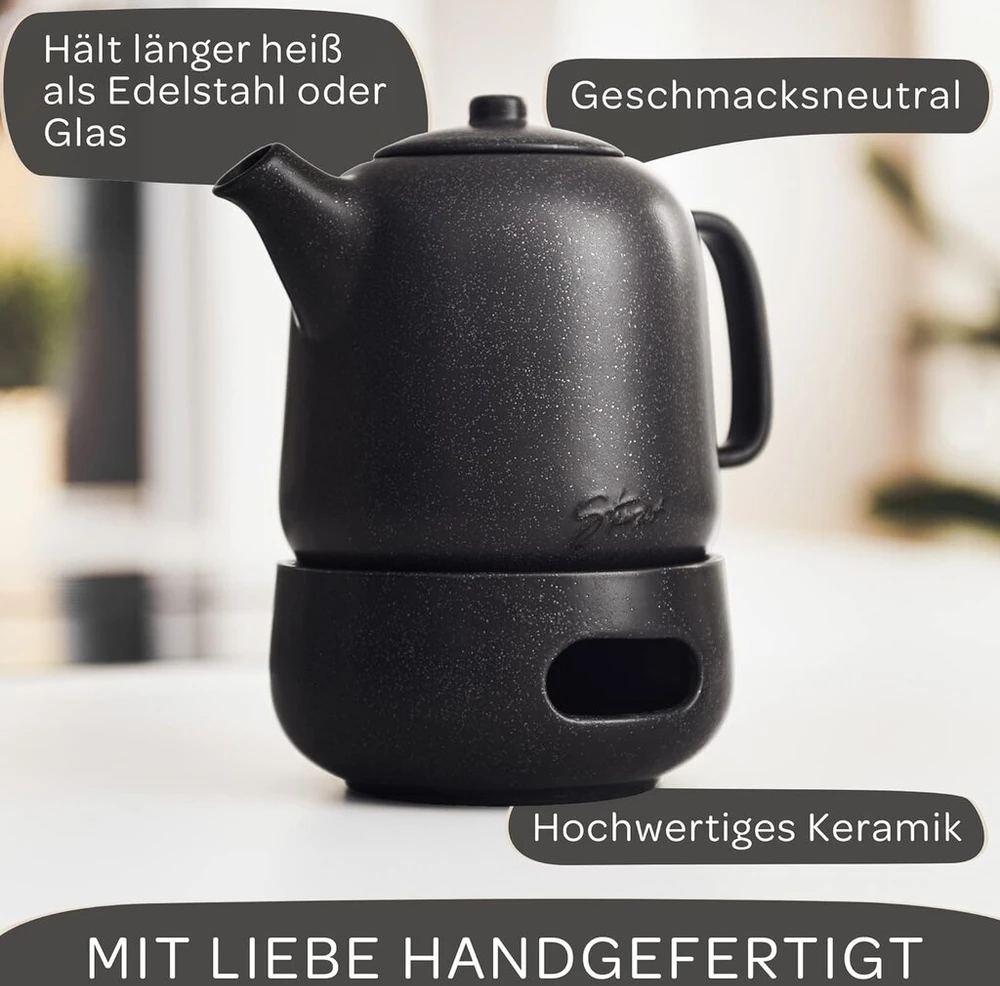 Virdulys Steinzeit Design arbatinukas su šildytuvu (1.3 l) - arbatinukas su sietelio įdėklu, pagamintu iš 304 nerūdijančio plieno - keramikinis arbatinukas su unikalia glazūra - nuimamas arbatinukas su sieteliu - juodas