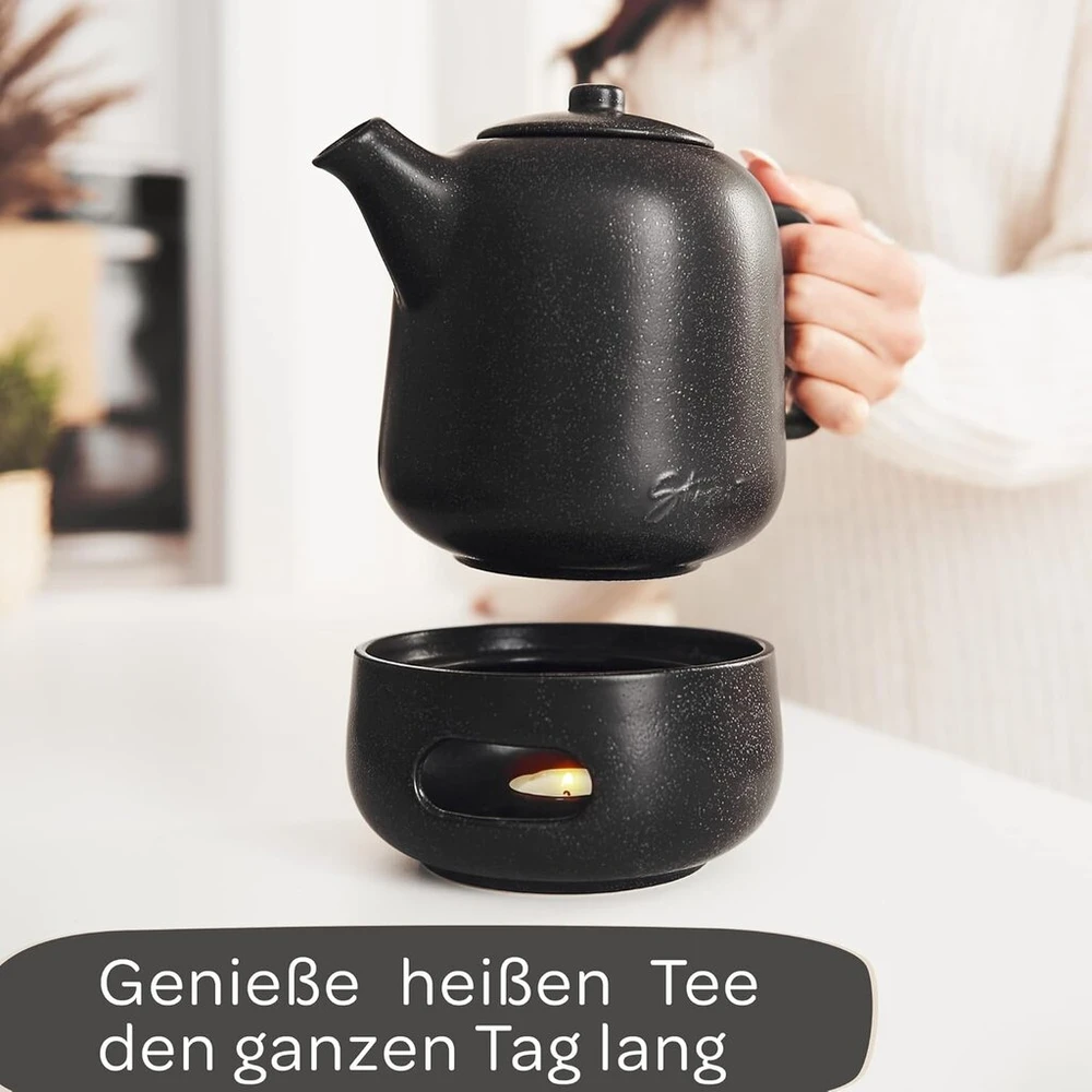 Virdulys Steinzeit Design arbatinukas su šildytuvu (1.3 l) - arbatinukas su sietelio įdėklu, pagamintu iš 304 nerūdijančio plieno - keramikinis arbatinukas su unikalia glazūra - nuimamas arbatinukas su sieteliu - juodas