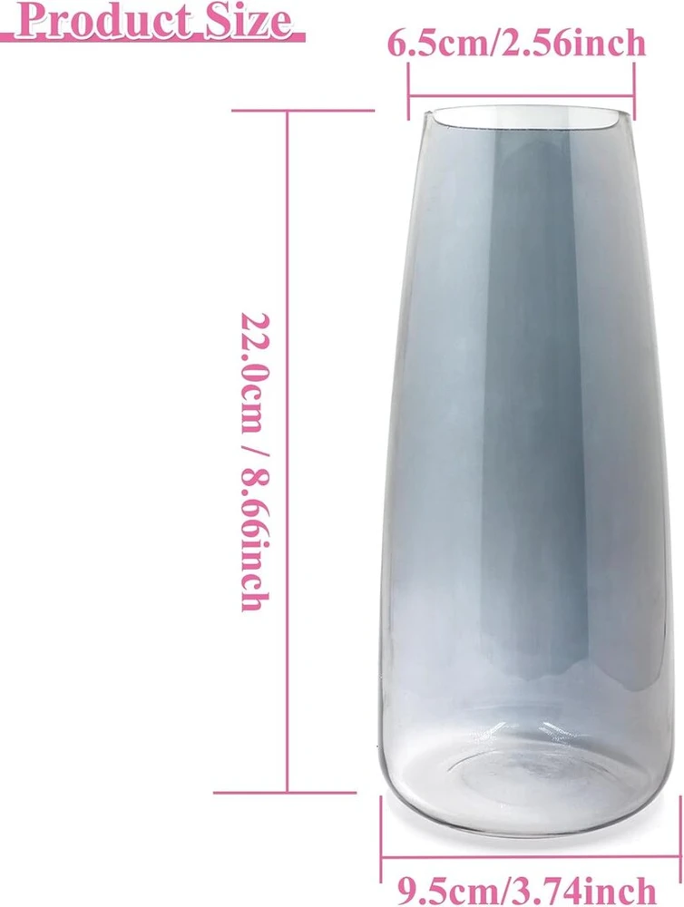 Stiklinė vaza gėlėms, ins moderni skaidraus stiklo vaza, 22 cm aukščio stiklinė vaza stalo dekoravimui, dekoratyvinės vazos pampų žolei, tulpėms, orchidėjoms, rožėms, džiovintoms gėlėms (dūmų pilka)