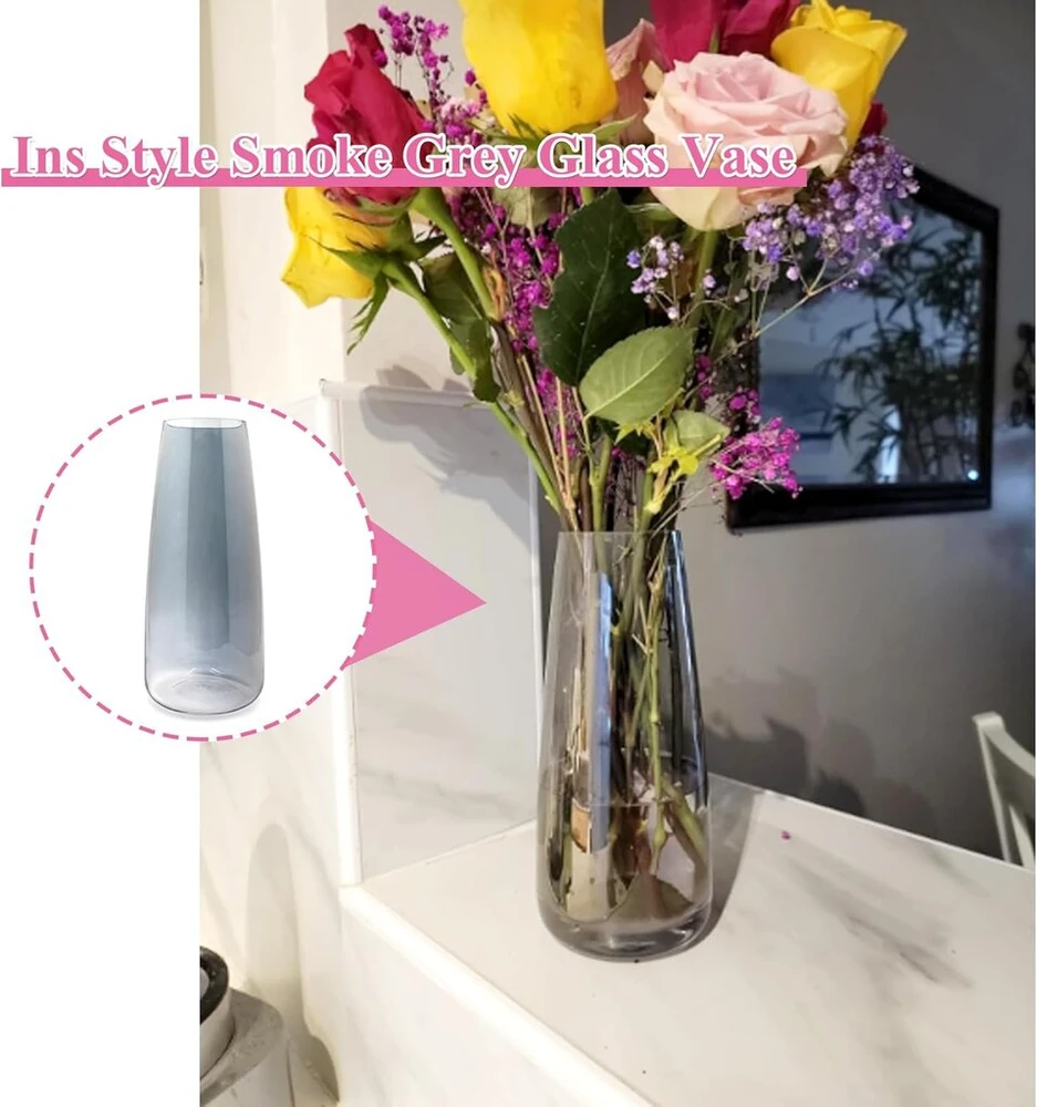 Stiklinė vaza gėlėms, ins moderni skaidraus stiklo vaza, 22 cm aukščio stiklinė vaza stalo dekoravimui, dekoratyvinės vazos pampų žolei, tulpėms, orchidėjoms, rožėms, džiovintoms gėlėms (dūmų pilka)