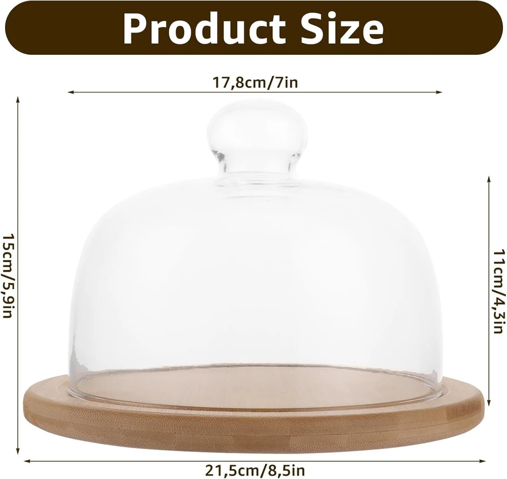 Stiklinis torto dangtis su mediniu padėklu, 18 cm