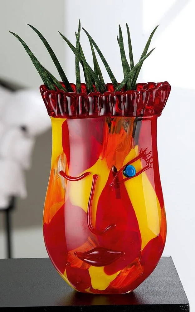 Stiklo meno vaza, dekoratyvinė vaza, veido vaza, dekoratyvinė svetainė, dovana moterims, gimtadienis, spalva: raudona / geltona, aukštis 29 cm