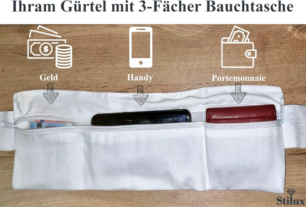 Stilux® Ihram diržas su juosmens krepšiu hadžui ir umrai, baltas medvilninis piligriminis diržas su 3 skyrių kišene ir plokščia sagtimi, baltas