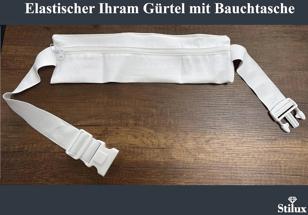 Stilux® Ihram diržas su juosmens krepšiu hadžui ir umrai, baltas medvilninis piligriminis diržas su 3 skyrių kišene ir plokščia sagtimi, baltas