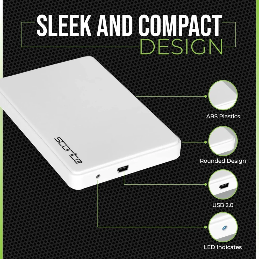 Storite išorinis kietasis diskas Ultra Slim 2.5 colio 200gb su greitu duomenų perdavimu Usb 2.0 kietasis diskas, suderinamas su Pc, Mac, Windows, žaidimais, nešiojamuoju ir stacionariu kompiuteriu (baltas)