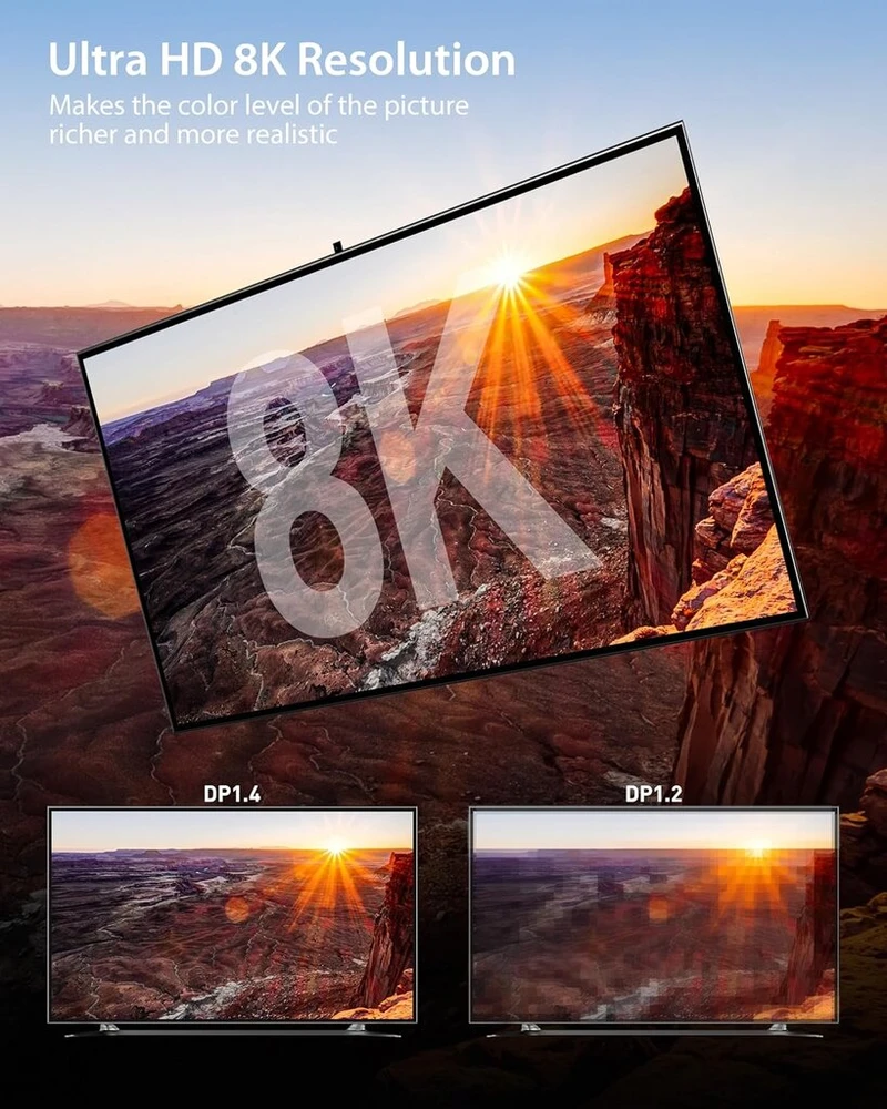 Stouchi, 2 Displayport kabelių pakuotė 1.4 240hz, 1.2m/4ft Dp1.4 palaiko 8k @ 60hz, 4k @ 60hz/144hz/120hz, 5k @ 60hz/120hz, 2k @ 165hz/240hz Vesa Freesync, G-sync, 32.4 Gbit/s, Hdr10 Ekranas Port