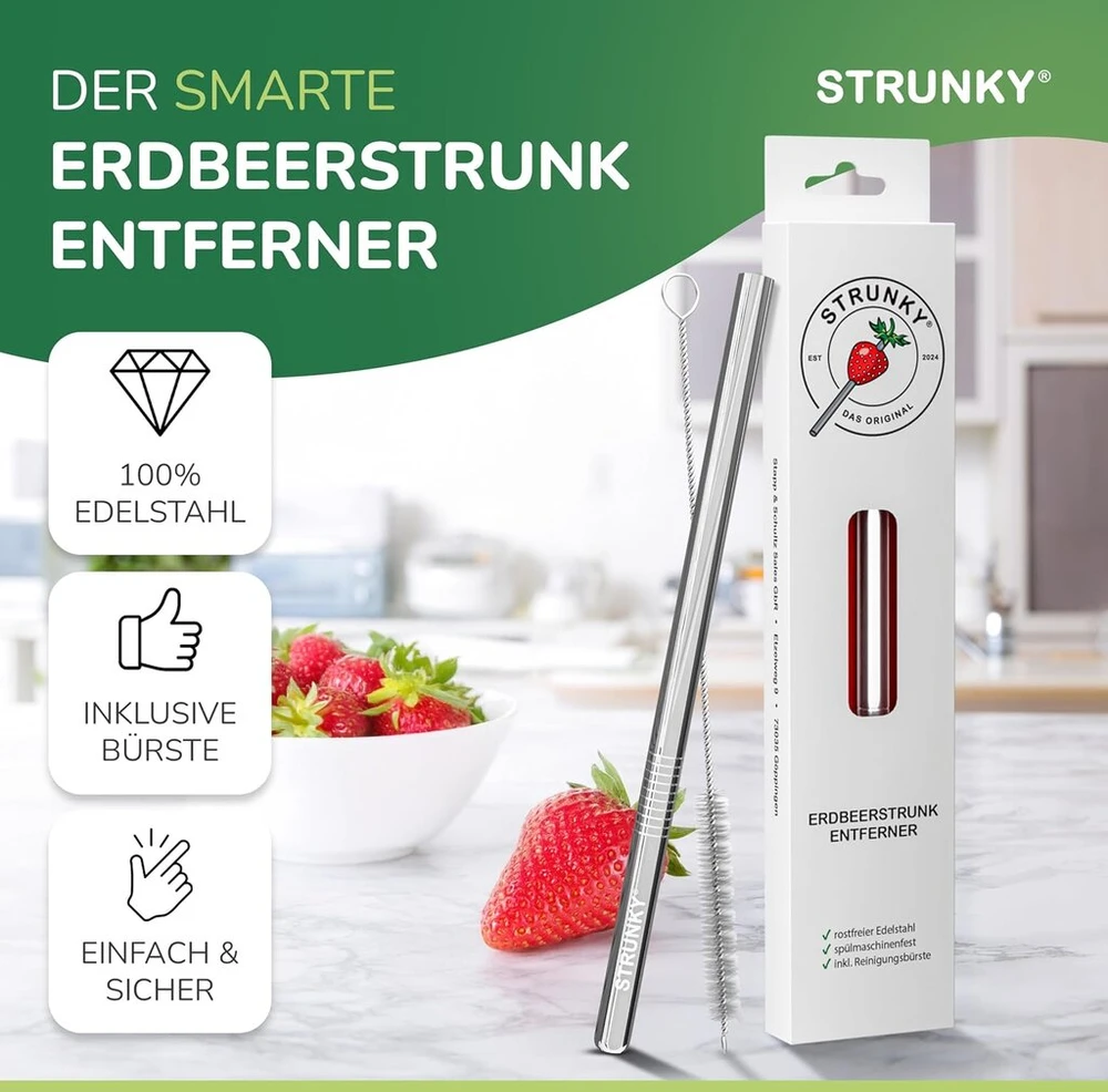 Strunky® braškių gėrimų valiklis, nerūdijantis plienas, virtuvės pagalbininkas, saugus ir tinkamas vaikams, strunky valiklis vaisių mėgėjams ir šeimoms